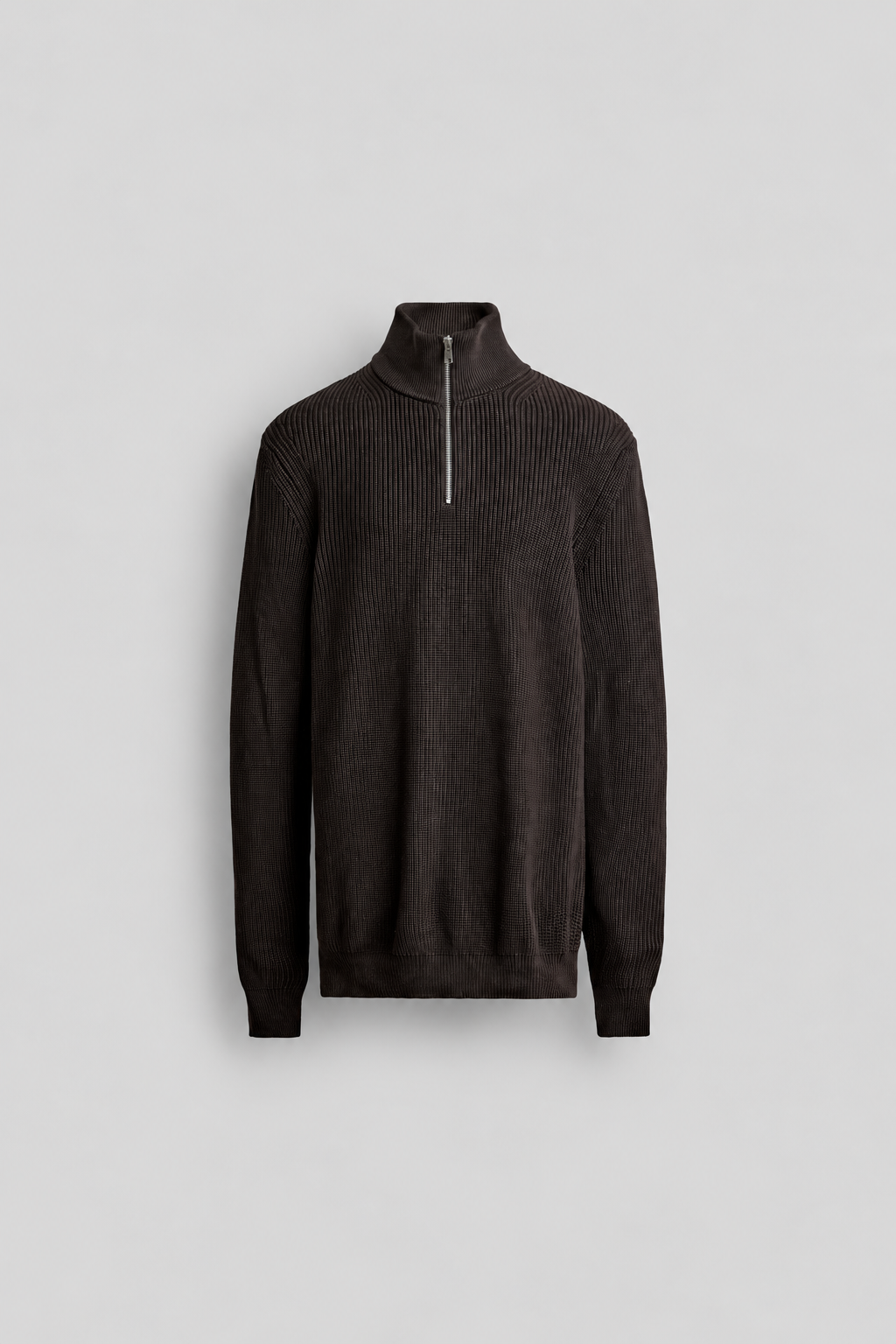COTTON KNIT HALF ZIP JUMPER - BROWN
