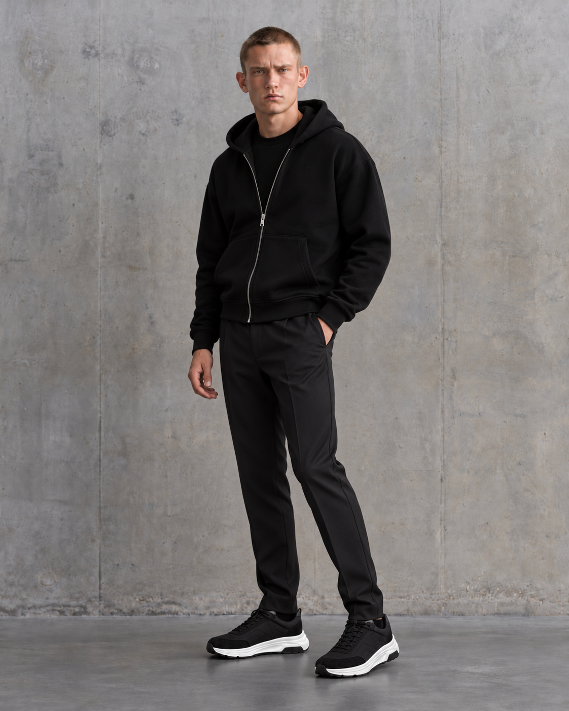 BOX FIT ZIP UP HOODIE - BLACK