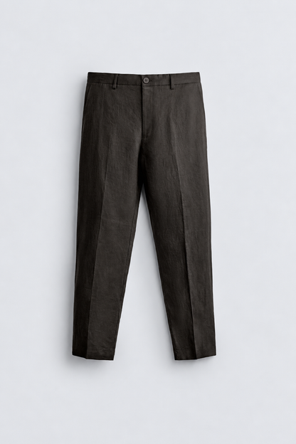 REGULAR FIT 100% LINEN TROUSERS -  BROWN