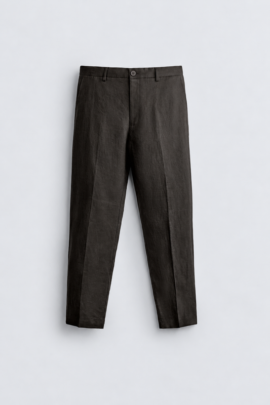 REGULAR FIT 100% LINEN TROUSERS -  BROWN