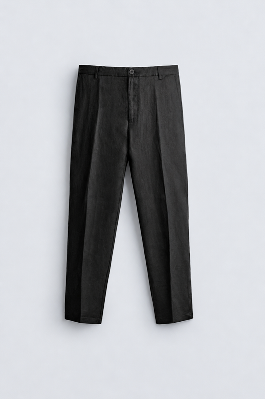 REGULAR FIT 100% LINEN TROUSERS - BLACK