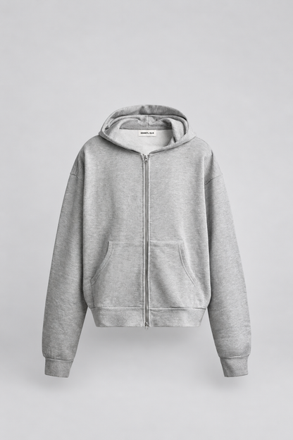 BOX FIT ZIP UP HOODIE - GREY MARL