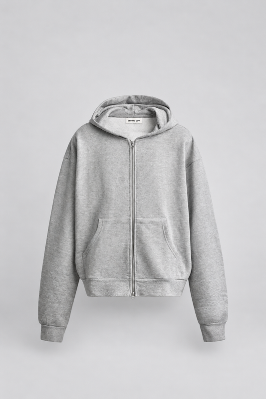 BOX FIT ZIP UP HOODIE - GREY MARL