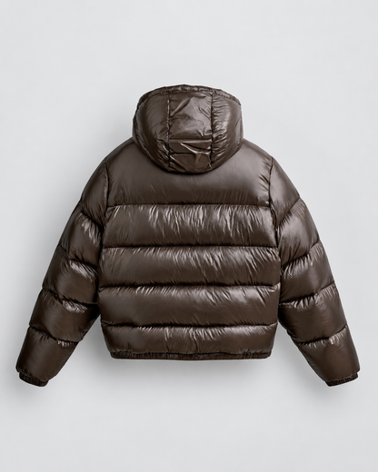 PADDED SHINY PUFFER COAT - BROWN