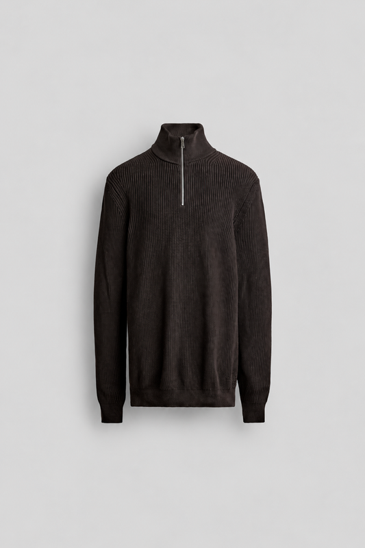 COTTON KNIT HALF ZIP JUMPER - BROWN