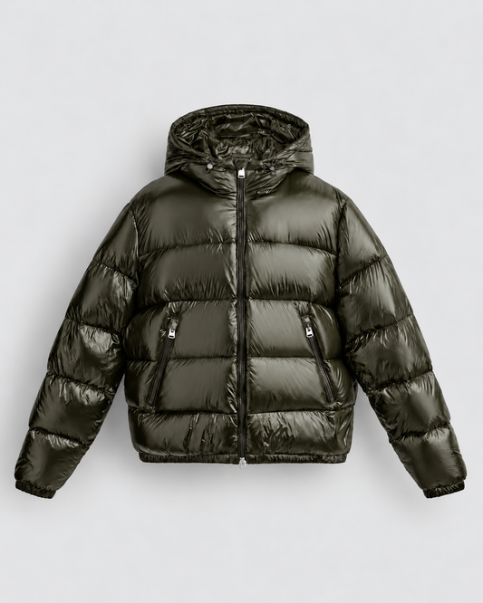 PADDED SHINY PUFFER COAT - KHAKI