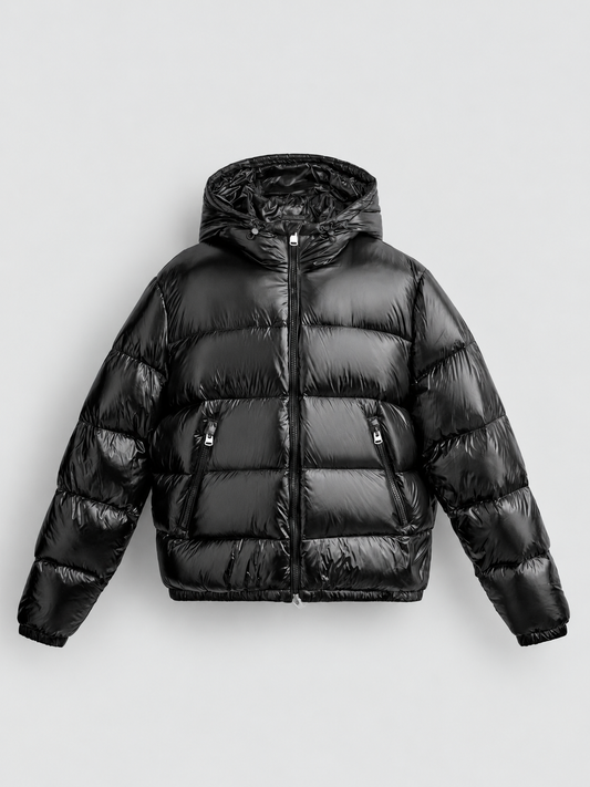 PADDED SHINY PUFFER COAT - BLACK