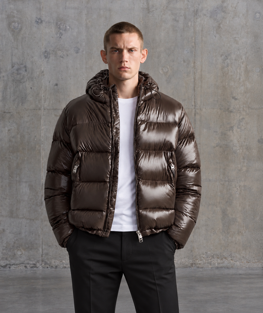PADDED SHINY PUFFER COAT - BROWN