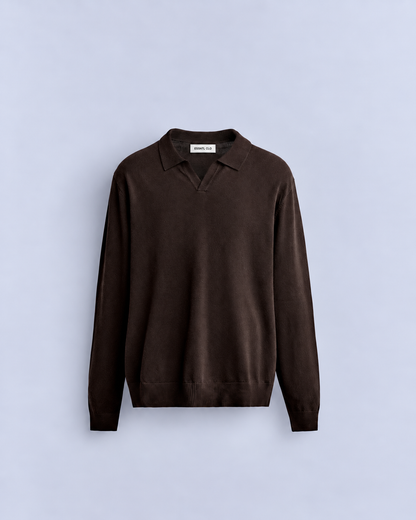KNIT LONG SLEEVE POLO - BROWN