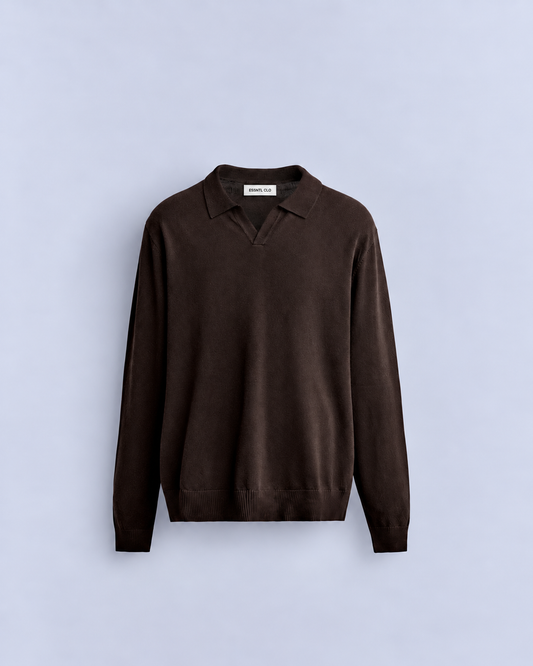 KNIT LONG SLEEVE POLO - BROWN