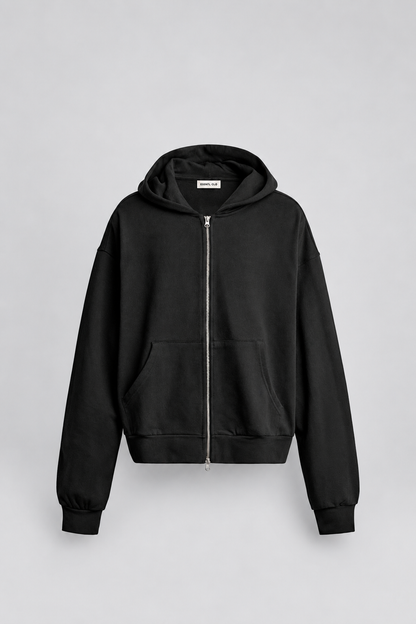 BOX FIT ZIP UP HOODIE - BLACK
