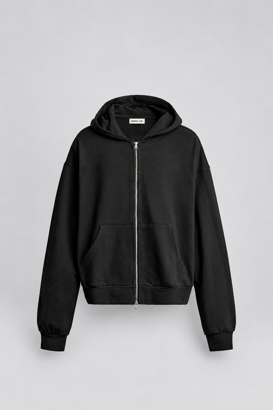 BOX FIT ZIP UP HOODIE - BLACK