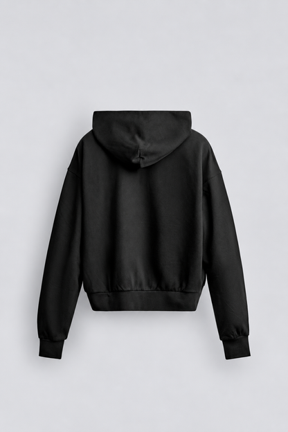BOX FIT ZIP UP HOODIE - BLACK
