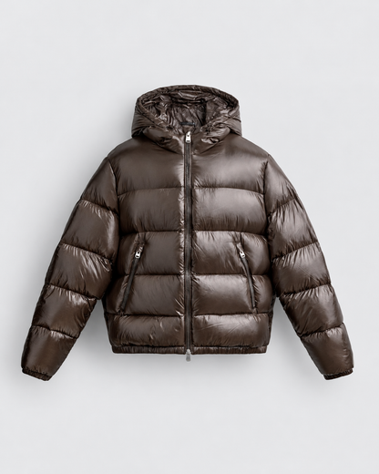 PADDED SHINY PUFFER COAT - BROWN