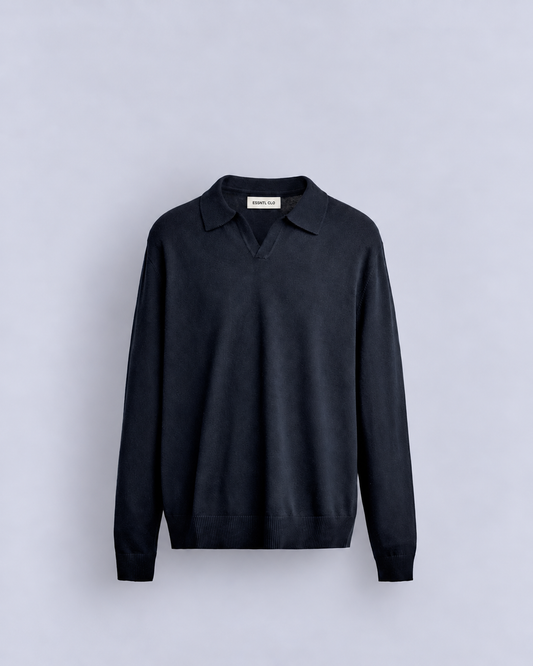 KNIT LONG SLEEVE POLO - NAVY