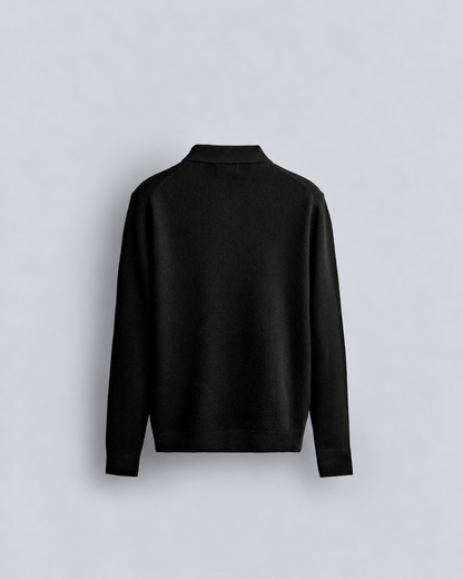 WOOL LONG SLEEVE POLO - BLACK