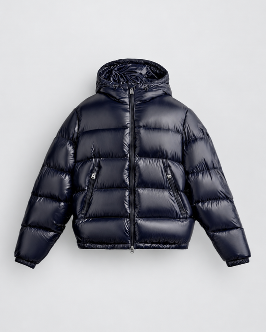 PADDED SHINY PUFFER COAT - NAVY