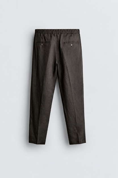 REGULAR FIT 100% LINEN TROUSERS -  BROWN