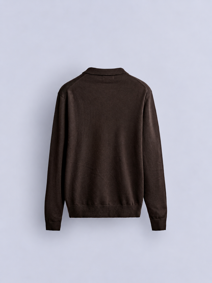 KNIT LONG SLEEVE POLO - BROWN