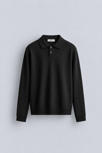 WOOL LONG SLEEVE POLO - BLACK