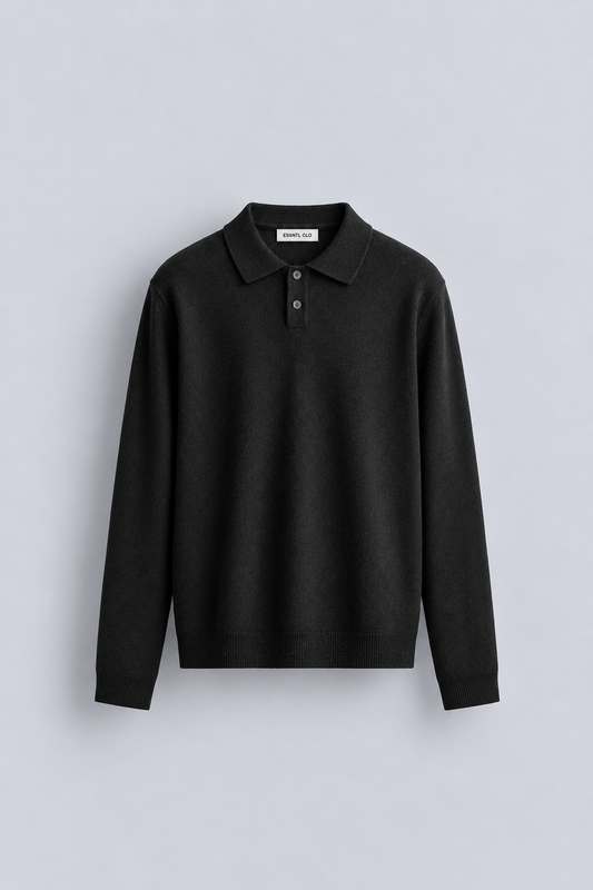 WOOL LONG SLEEVE POLO - BLACK